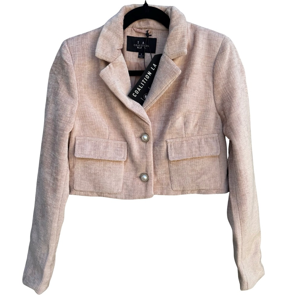 Coalition LA Coquette Preppy Old Money Cropped Tweed‎ Blazer Pastel Pink L NEW